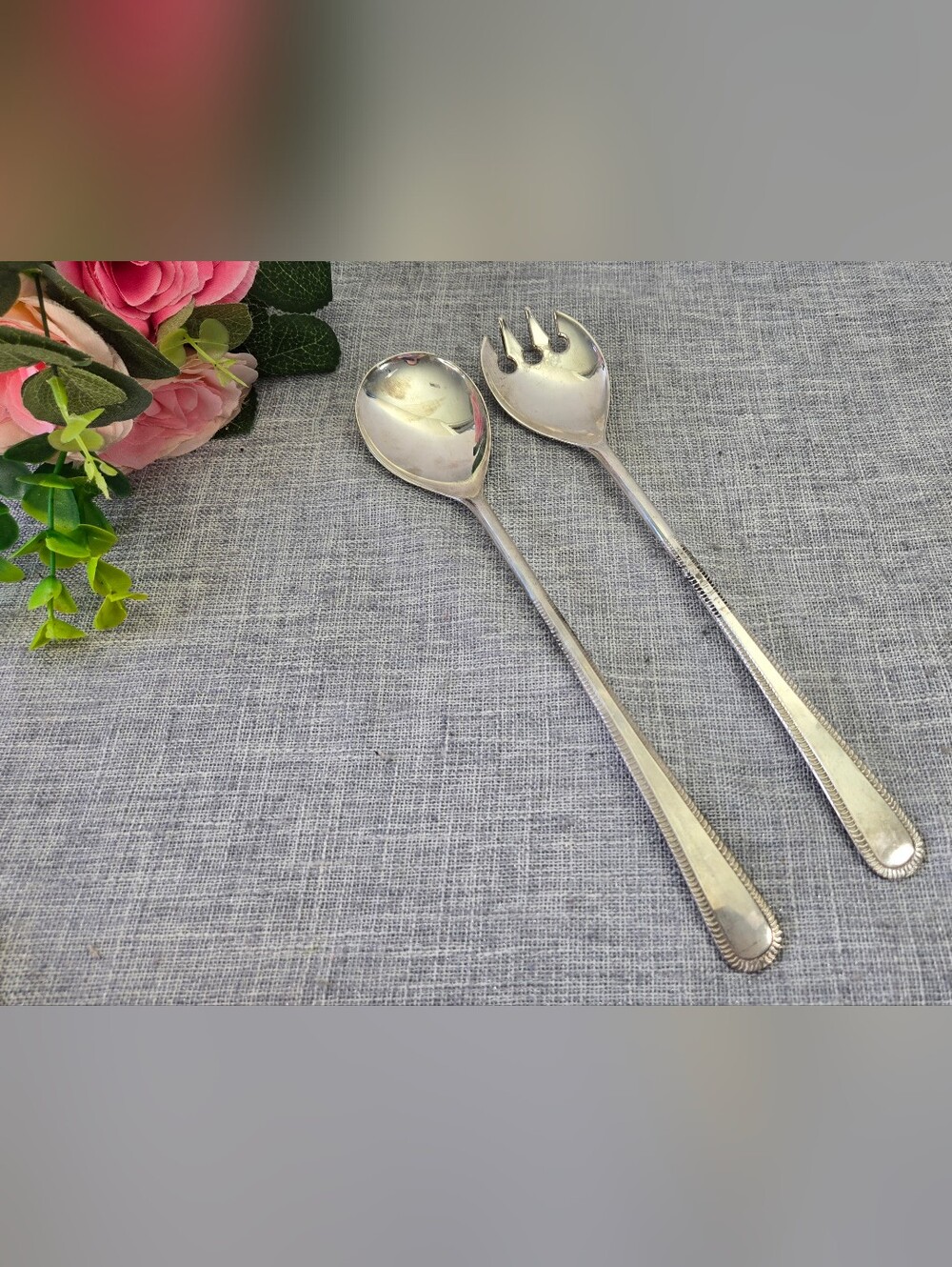 Vintage Brama Silver Plated Salad Serving 9.5" Spoon & Fork Set Made in England